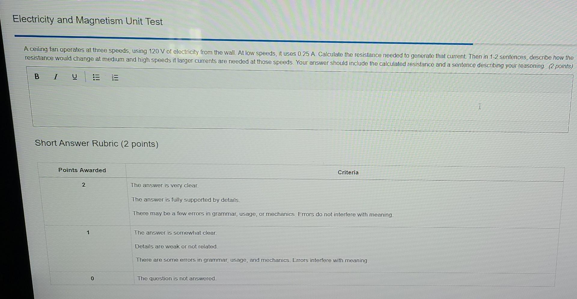 Solved Electricity and Unit Test A ceiling fan