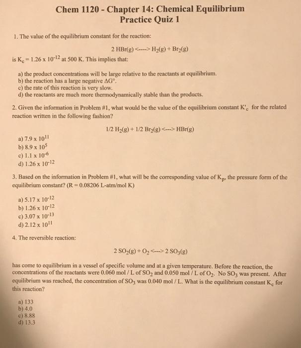 Solved Chem 1120 - Chapter 14: Chemical Equilibrium Practice | Chegg.com