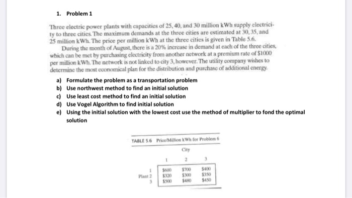 Solved 1. Problem 1 Three electric power plants with | Chegg.com