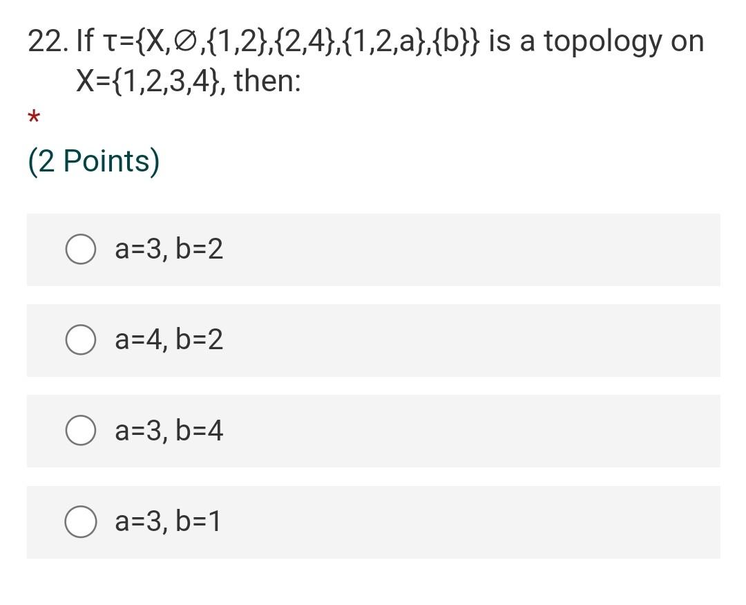 Solved 22. If T={X,0,{1,2},{2,4},{1,2,a},{b}} Is A Topology | Chegg.com