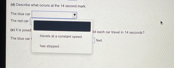 (d) Describe what occurs at the 14 second mark.
The blue car
The red car
(e) It is possib
The blue car 1
travels at a constan