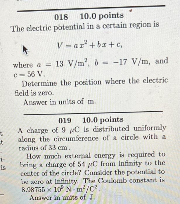 Solved The Electric Potential In A Certain Region Is | Chegg.com