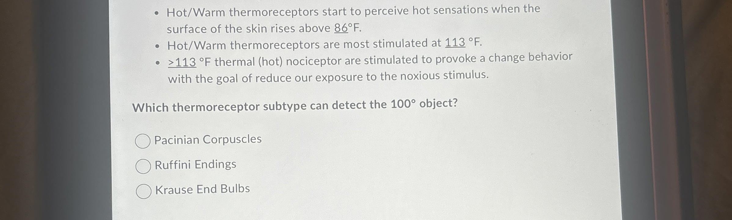 Solved Hot/Warm thermoreceptors start to perceive hot | Chegg.com