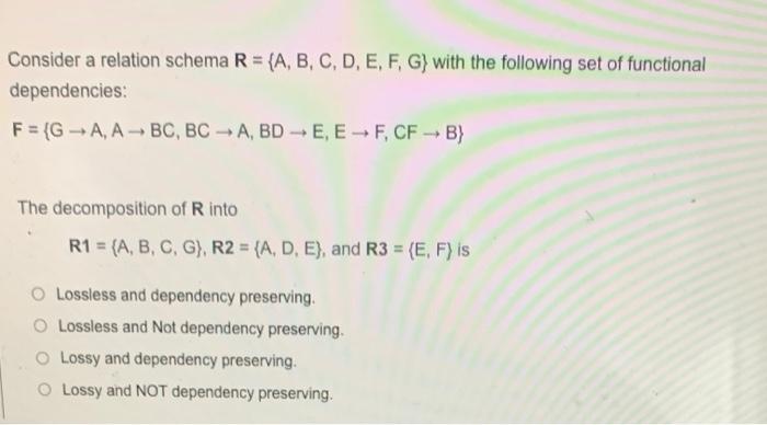 Solved Consider A Relation Schema R = {A, B, C, D, E, F, G) | Chegg.com