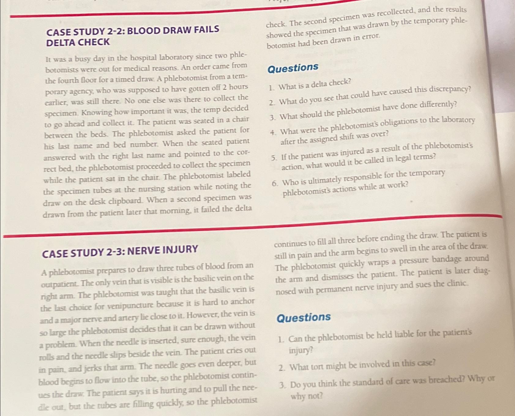 Solved CASE STUDY 2-2: BLOOD DRAW FAILS DELTA CHECKIt was a | Chegg.com