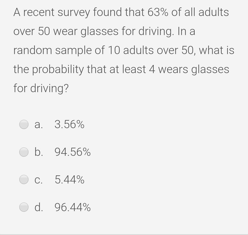 Solved A recent survey found that 63% of all adults over 50 | Chegg.com