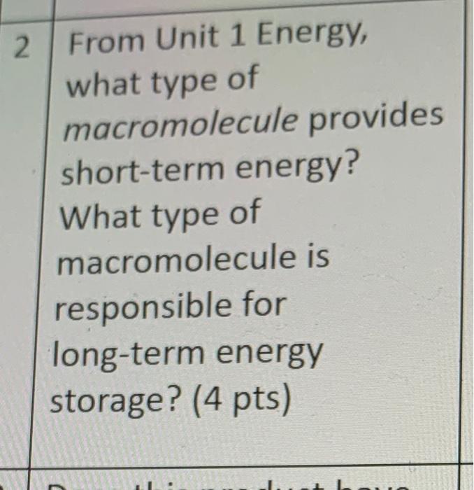 Solved From Unit 1 Energy, what type of macromolecule | Chegg.com