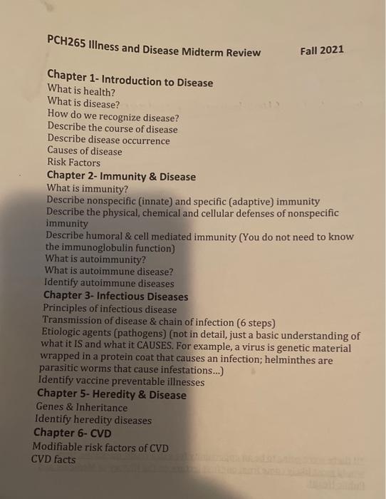 Solved PCH265 illness and Disease Midterm Review Fall 2021 | Chegg.com