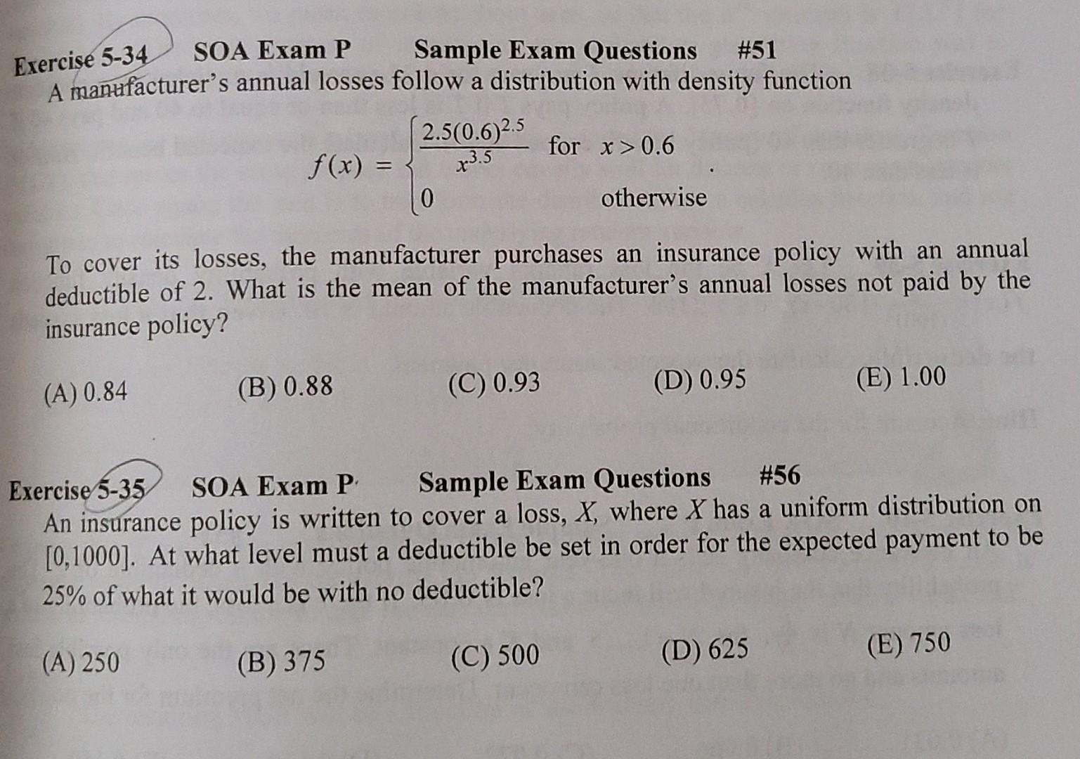 Solved exercise 5 34 soa exam p sample exam questions 51 a chegg