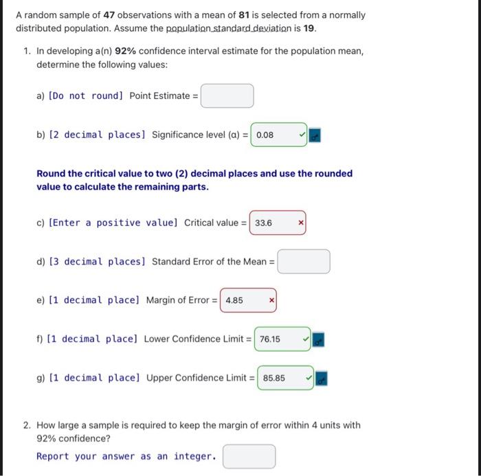 Solved A random sample of 47 observations with a mean of 81 | Chegg.com