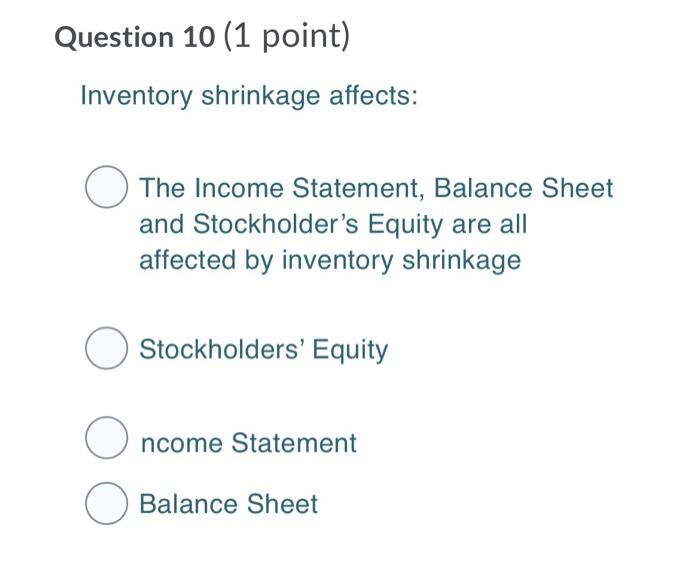 Solved Question 10 (1 Point) Inventory Shrinkage Affects: | Chegg.com