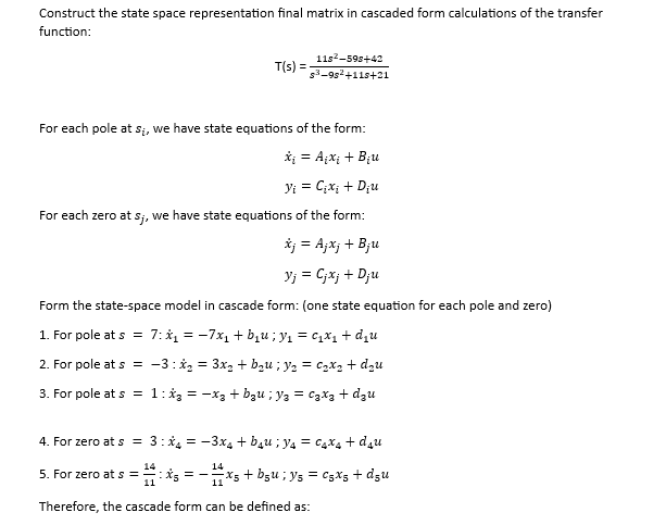 Construct the state space representation final matrix | Chegg.com