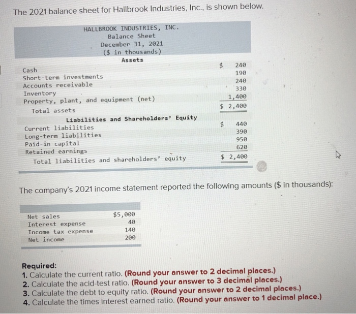 Solved The 2021 balance sheet for Hallbrook Industries, | Chegg.com