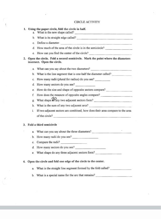 Solved CIRCLE ACTIVITY 1. Using the paper circle, fold the | Chegg.com