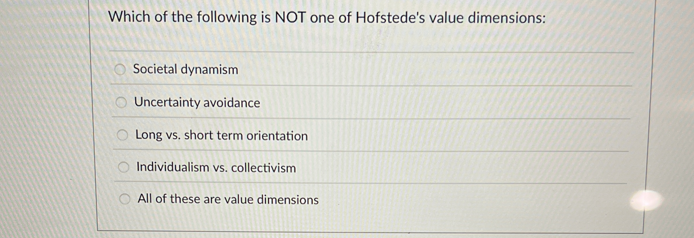 Solved Which of the following is NOT one of Hofstede's value | Chegg.com