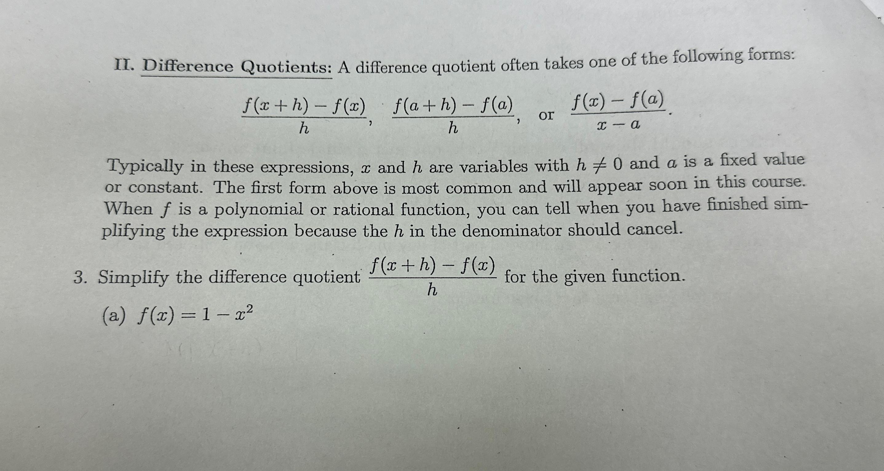 Solved II. ﻿Difference Quotients: A difference quotient | Chegg.com