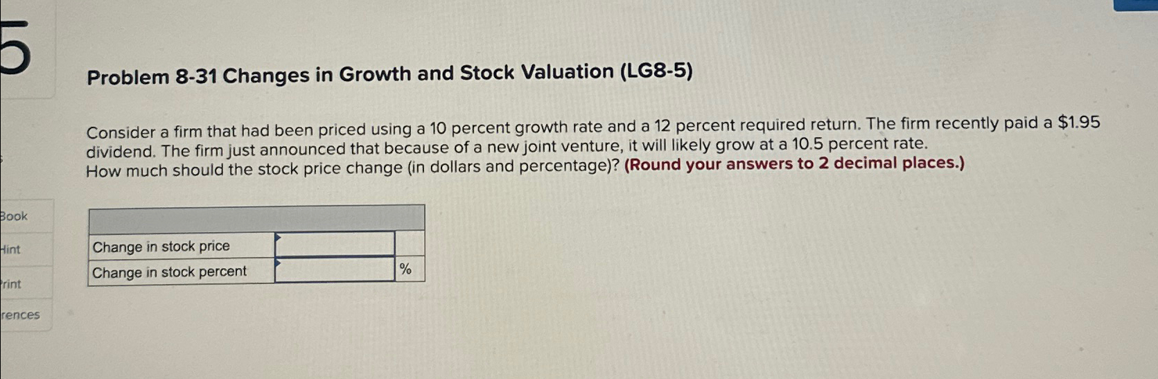 Solved Problem 8-31 ﻿Changes in Growth and Stock Valuation | Chegg.com