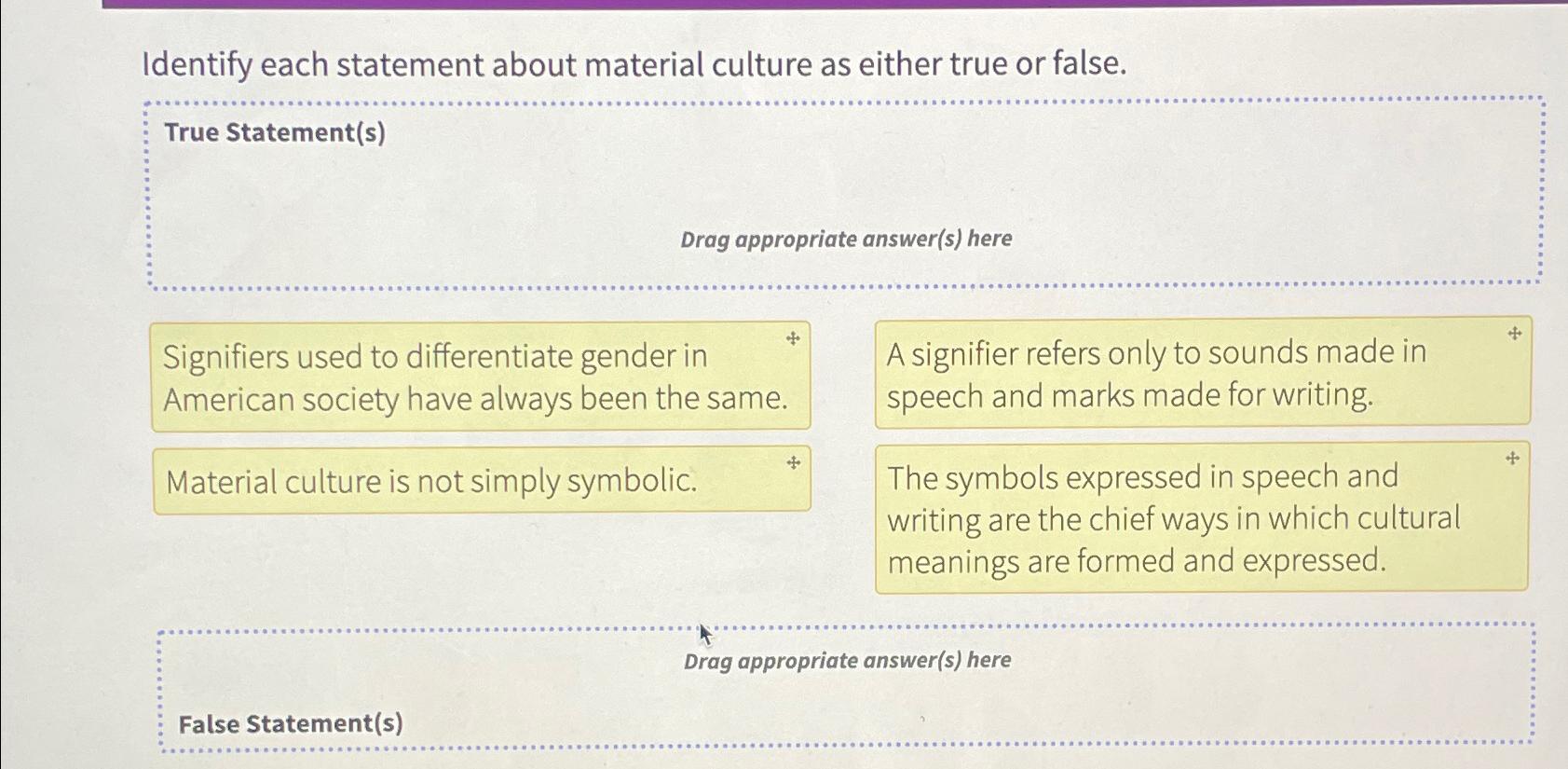 Solved Identify each statement about material culture as | Chegg.com