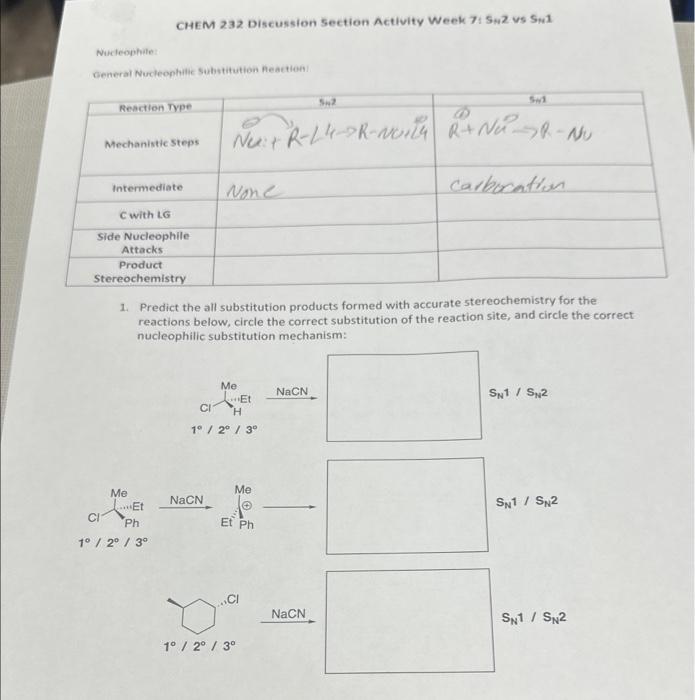 Solved Chem 232 Discussion Section Activity Week 7 Sn2 Vs