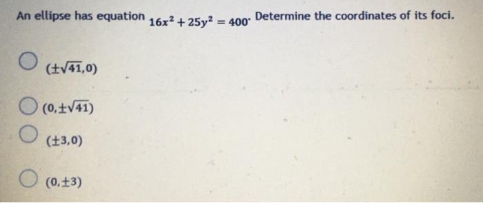 which are the foci of the ellipse represented by 16x2 25y2 400