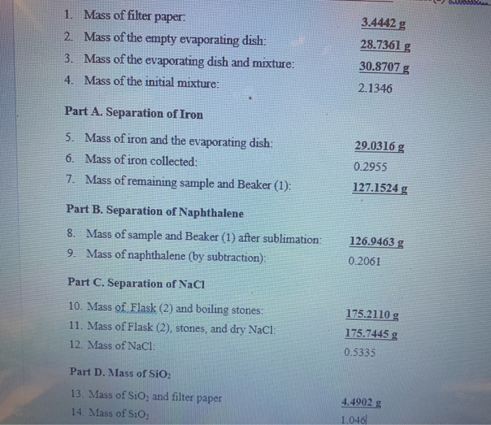 Solved 1. Mass of filter paper. 2. Mass of the empty