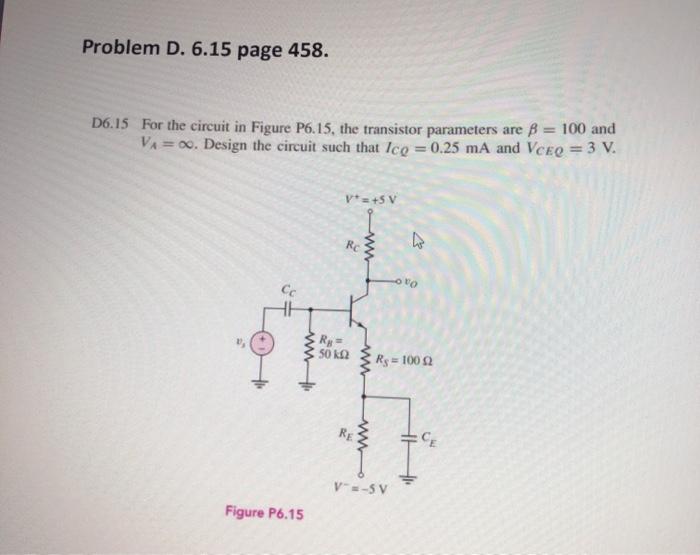 Solved Problem D. 6.15 page 458. D6.15 For the circuit in | Chegg.com