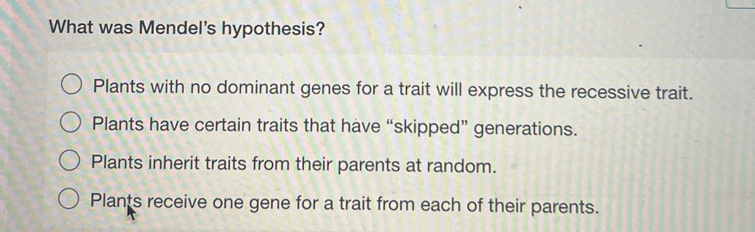 Solved What was Mendel's hypothesis?Plants with no dominant | Chegg.com