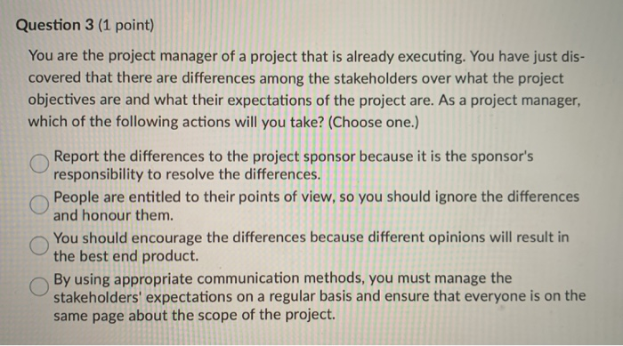 Solved Question 3 (1 point) You are the project manager of a | Chegg.com