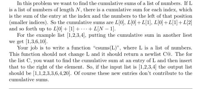 Solved In this problem we want to find the cumulative sums | Chegg.com