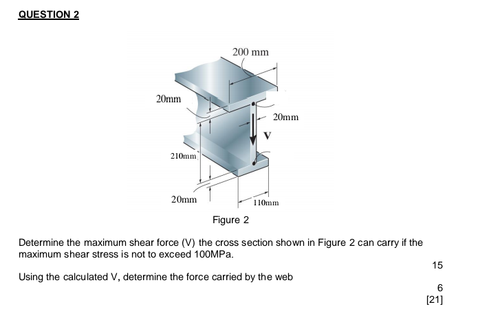 QUESTION 2
200 mm
20mm
20mm
210mm
20mm
110mm
Figure 2
Determine the maximum shear force (V) the cross section shown in Figure