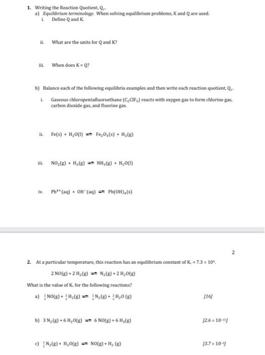 Solved 1. Writing the Reaction Quotient, QC a) Equilibrium | Chegg.com