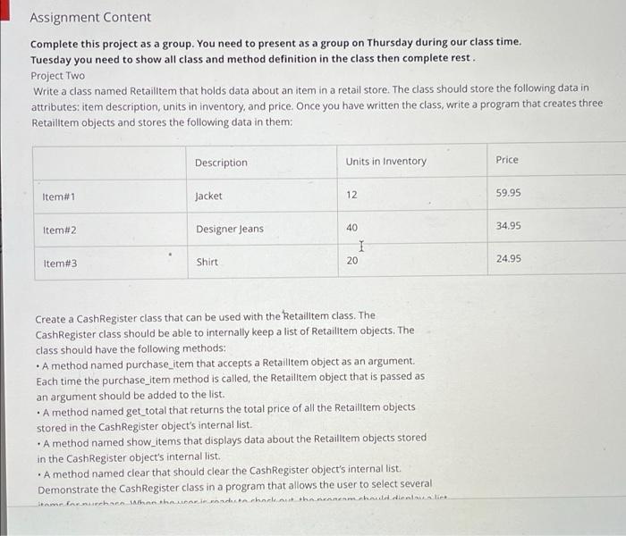 Solved Assignment Content Complete this project as a group. | Chegg.com