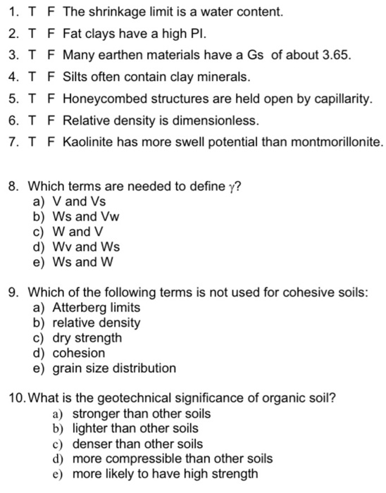 Solved 1 T F The Shrinkage Limit Is A Water Content 2 Chegg Com