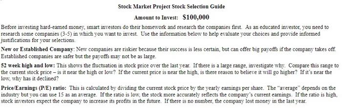 Solved Stock Market Project Stock Selection Guide Amount to | Chegg.com