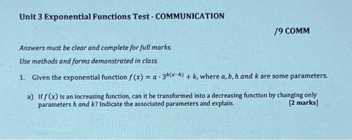 Solved Unit 3 Exponential Functions Test-COMMUNICATION 19 | Chegg.com