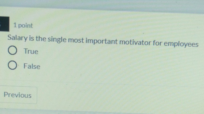 1 point Salary is the single most important motivator for employees O True O False Previous