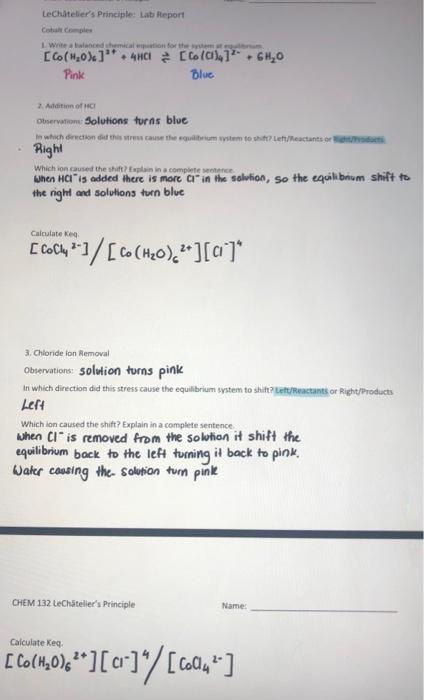 Solved Conclusions Average the calculated Keq values for 2, | Chegg.com