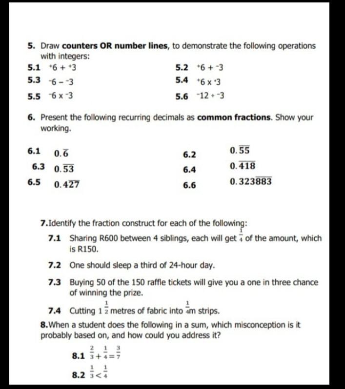 Solved 5. Draw counters OR number lines, to demonstrate the | Chegg.com