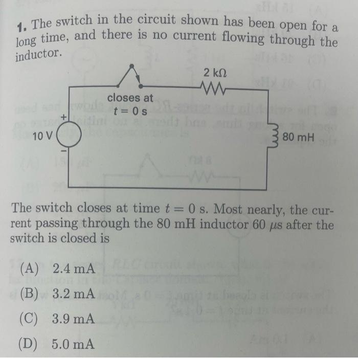 Solved 1. The switch in the circuit shown has been open for | Chegg.com