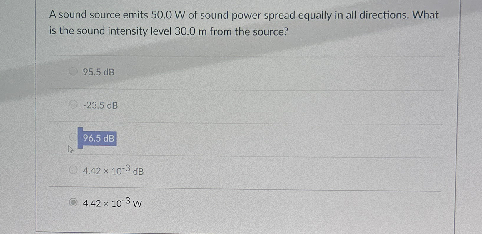 Solved A sound source emits 50.0W ﻿of sound power spread | Chegg.com