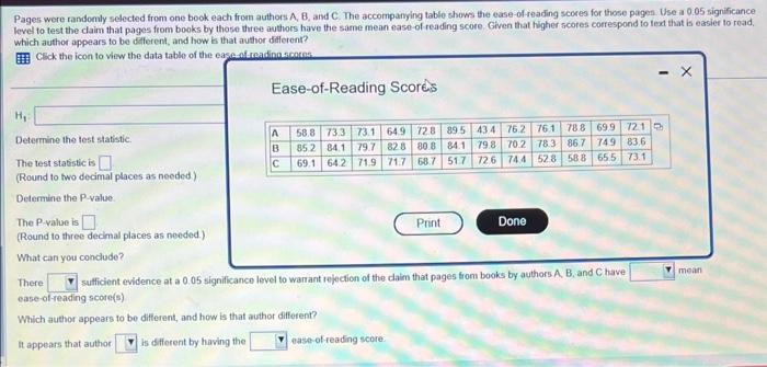 Pages were randomly sclected from one book each from authors \( A, B \), and \( C \). The accompanying tablo shows the ease-o