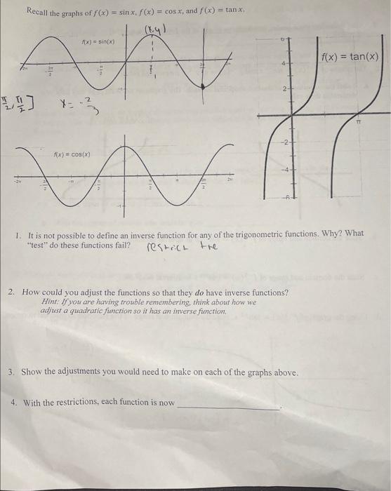 Solved Recall The Graphs Of F X Sinx F X Cosx And