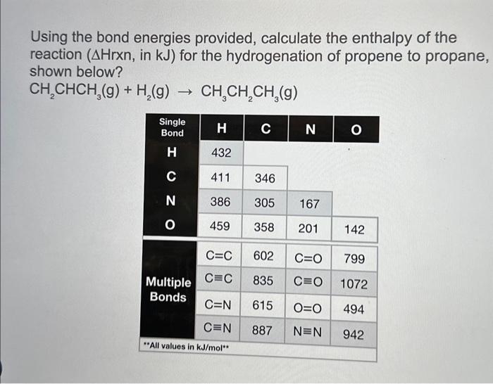 Solved Using the bond energies provided, calculate the | Chegg.com