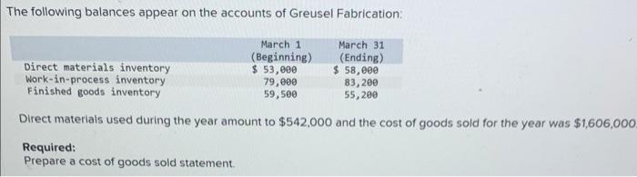 The following balances appear on the accounts of Greusel Fabrication:
Direct materials used during the year amount to \( \$ 5