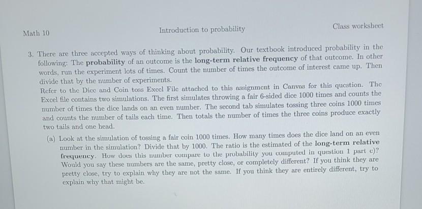 Class worksheet Math 10 Introduction to probability | Chegg.com