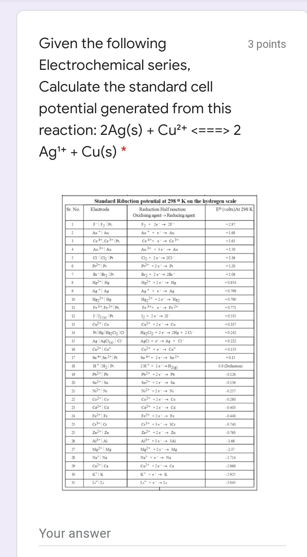 Solved 3 points Given the following Electrochemical series,