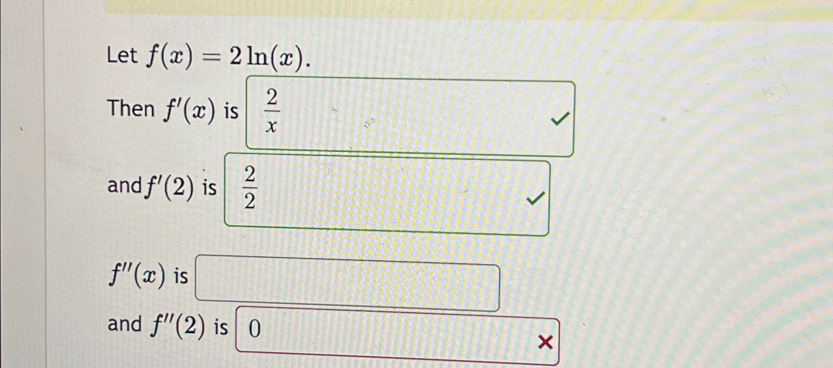 solved-let-f-x-2ln-x-then-f-x-iand-f-2-isf-x-chegg