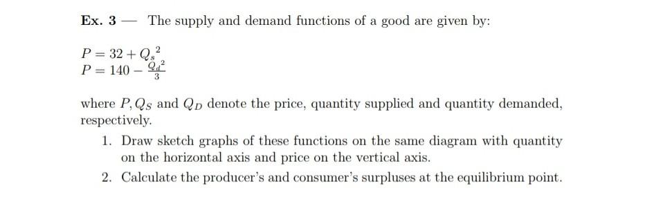 Solved Ex. 3 The supply and demand functions of a good are | Chegg.com