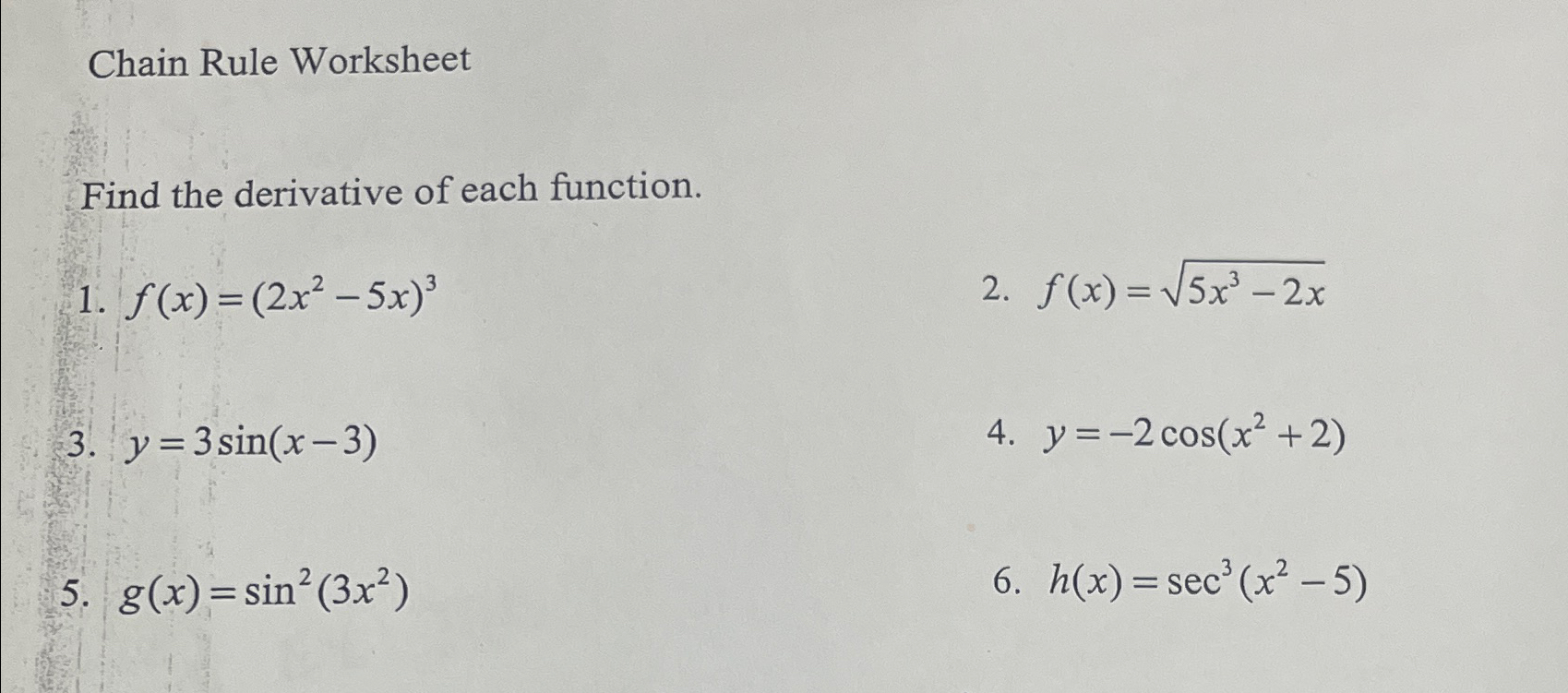 Solved Chain Rule WorksheetFind the derivative of each