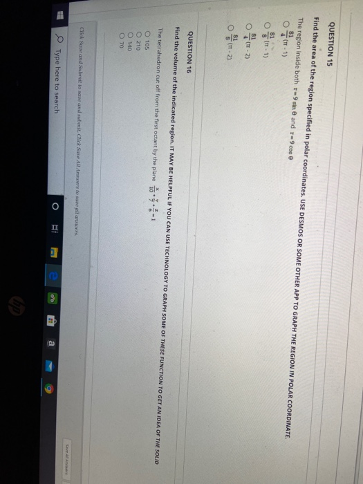 Solved QUESTION 15 Find the area of the region specified in | Chegg.com
